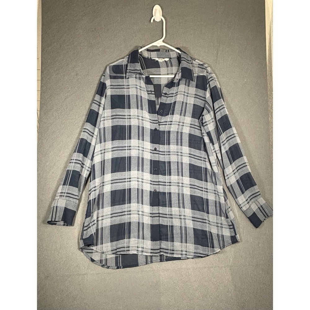 BB Dakota Plaid Tunic Shirt Women's  L Navy Blue Check Button Front Long Sleeve